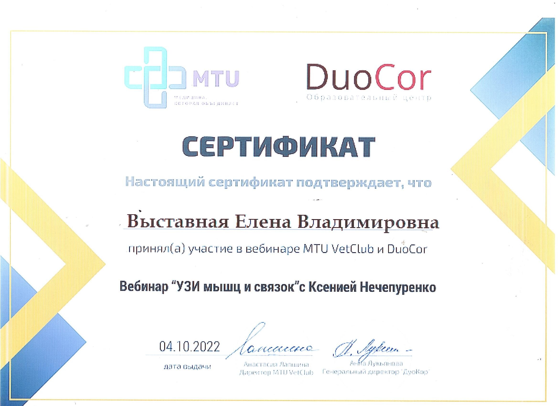 Сертификат Выставная Елена