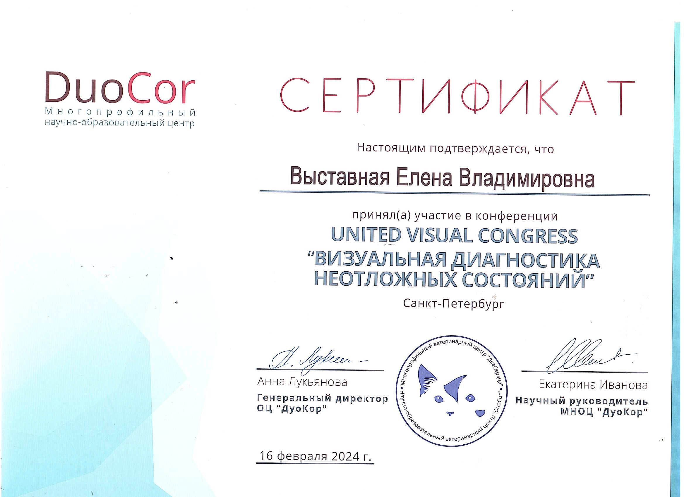 Сертификат Выставная Елена Владимировна